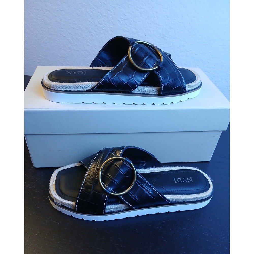 NYDJ Rossi Black Croc Embossed Leather Espadrille Slide Sandals Brass 5.5M NEW